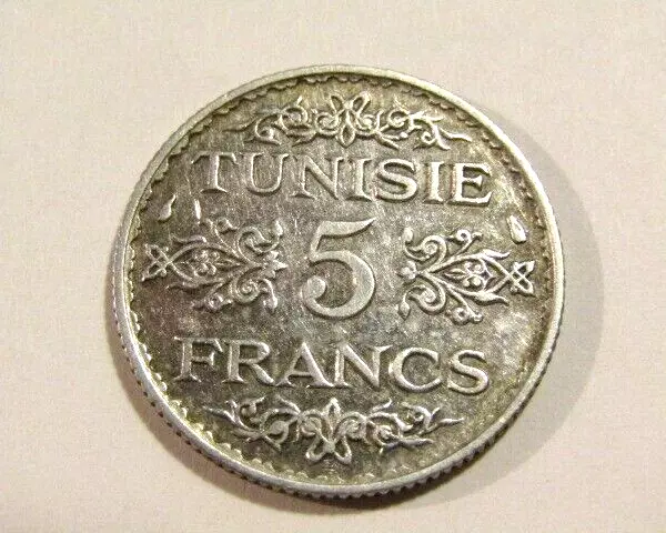 Tunisia 1936/1355 5 Francs Silver Coin