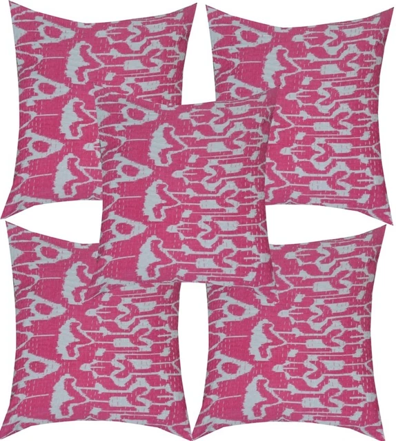 5 Pc Lot Handmade Kantha Cushion Pillows Gypsy Boho Pillow Cover Pink Ikat Print