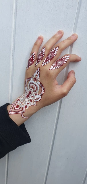 For 2 Hands Arty Flower Indian Red & White Mehndi Henna Design Temporary Tattoo