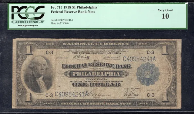 Fr.717 1918 $1 Frbn Federal Reserve Bank Note Philadelphia, Pa Pcgs Very Good-10