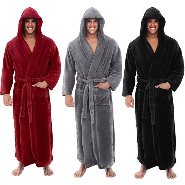 Mens Ladies Fluffy Fleece Hooded Long Bath Robe Dressing Gown Bathrobe Sleepwear