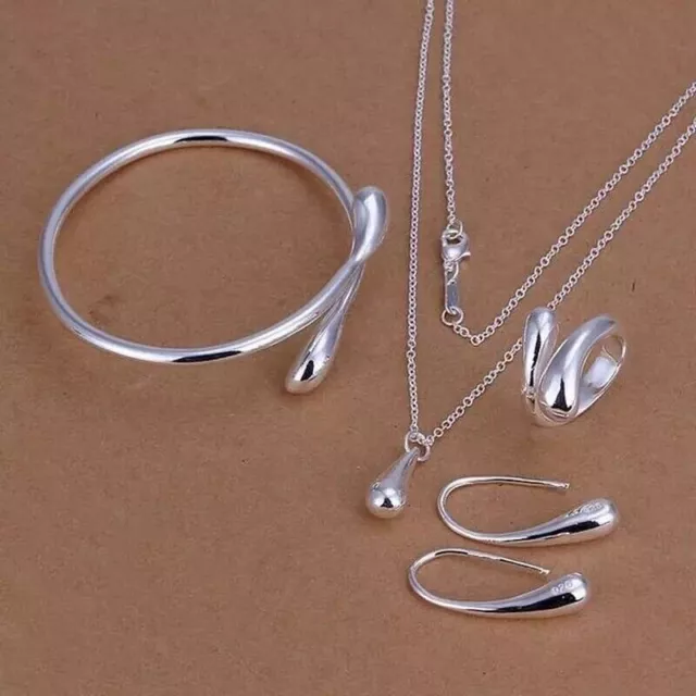 4 Piece Set 925 Silver Water Teardrop Bangle Bracelet Necklace Earrings Ring