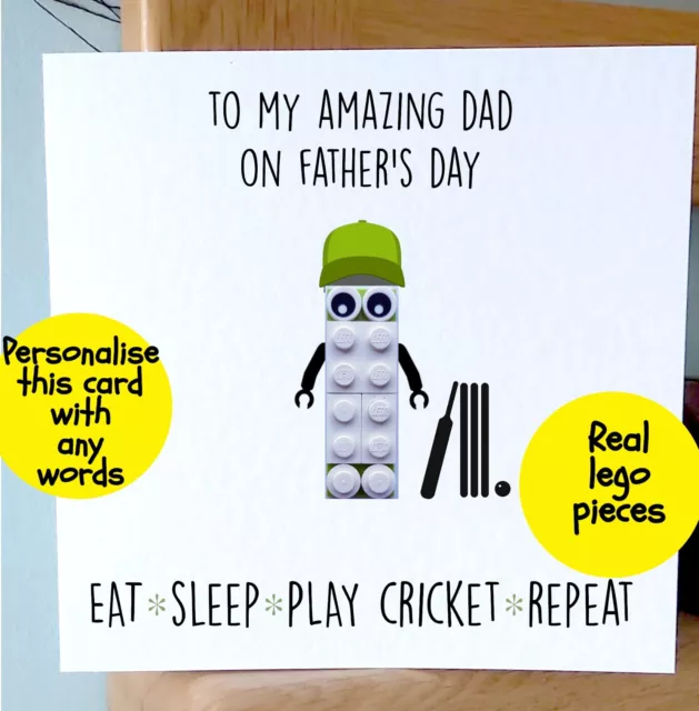 Personalised made LEGO person Father's Day CRICKET wicket Brick greetings Card