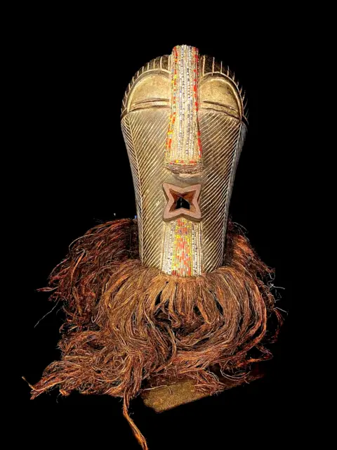 vintage african wooden Songye Kifwebe Mask with Beard Congo African Art-6207