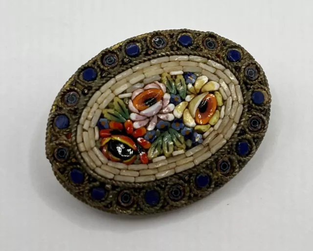 Vintage Oval Italian Micro Mosaic Floral Brooch Pin