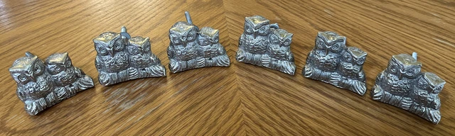 Vintage Silver Chunky Owl Pair Owls Drawer Pulls Handles 6 Total MCM Shabby Chic