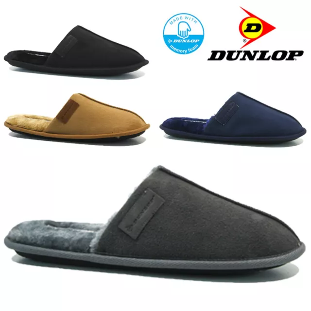 Mens Dunlop Memory Foam Slippers Indoor Mules Fur Lined Warm Cozy Winter Size
