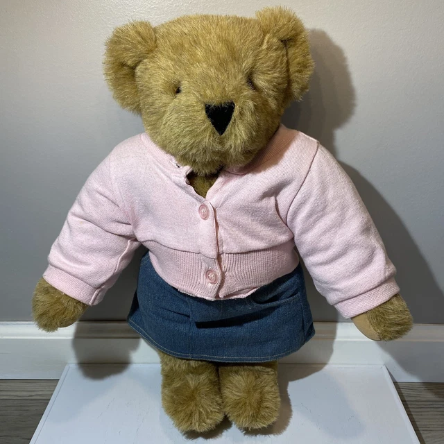 The Vermont Teddy Bear Co Jointed 16” Plush 4 Pc Outfit Pink Sweater Denim Skirt