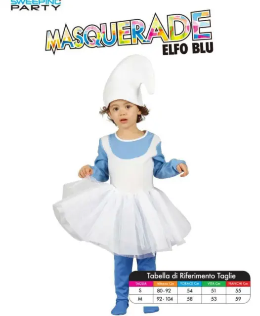 Costume Carnevale Bambina Bimba Neonato Elfo Blu Puffo Taglie Da 6/24 Mesi