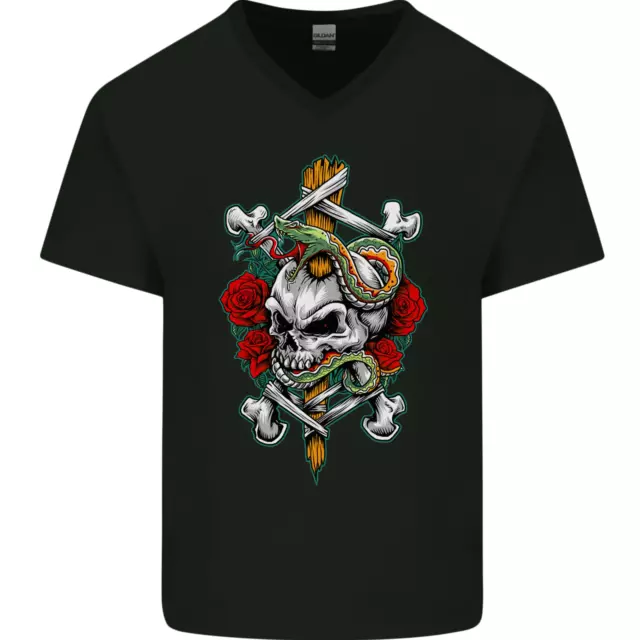 Skull and Snake Biker Heavy Metal Gothic Mens V-Neck Cotton T-Shirt