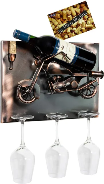 Soporte de Pared para Botella de Vino Diseño de Moto con 3 Soportes de Cristal