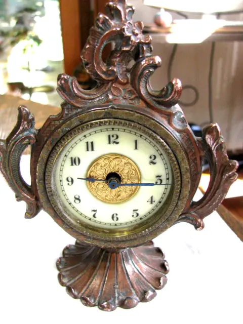 Antique Bronze Desk Clock-Art Nouveau-Porcelain Face-Works-Wind-up