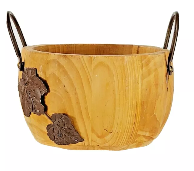 Pottery Barn  Hand Carved Wooden Pumpkin Basket w/ Metal Handle