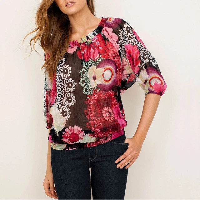 Blouse DESIGUAL Imprimée Rose Rouge Noir – Taille M – Neuf Avec étiquettes – Style Bohème