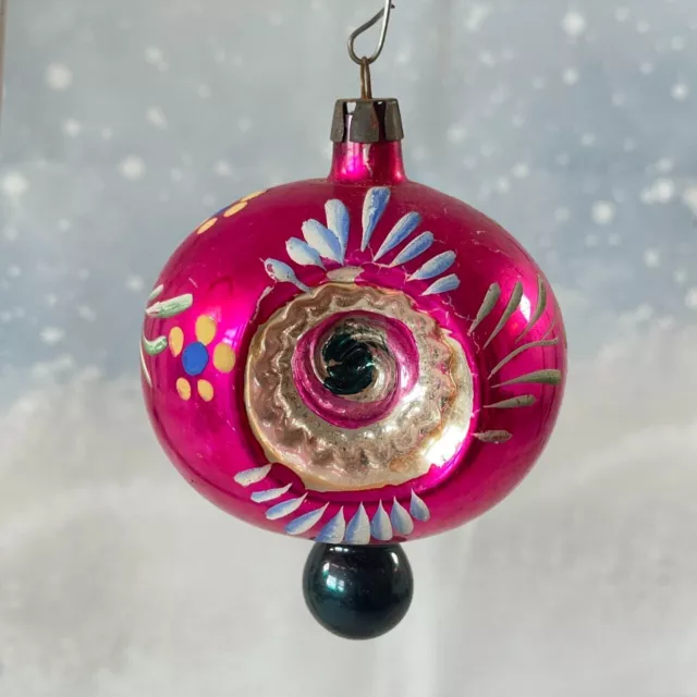 Vintage Glass Double Indent FLOWER Teardrop Christmas Ornament Germany Pink