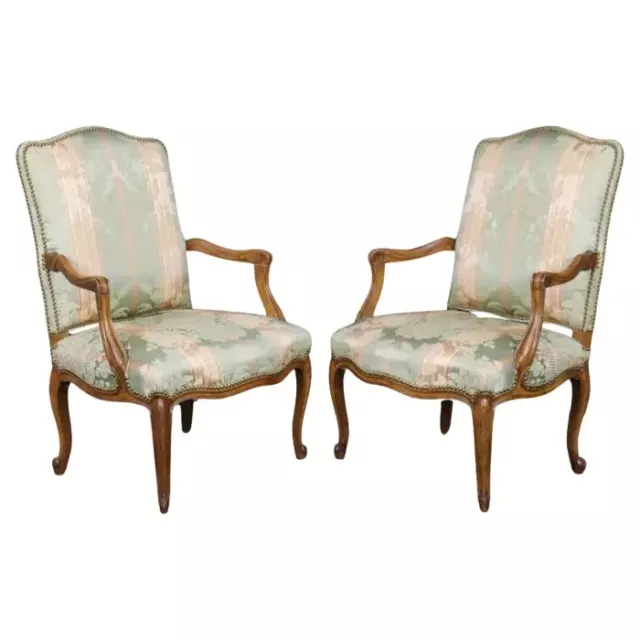 Gorgeous Pair Silk Damask Upholstered French Louis XV Style Armchairs