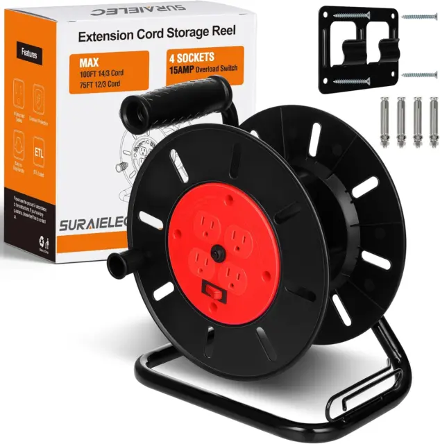 EXTENSION CORD REEL Spool 25 ft Reel POWER CADDY PLUS + 4 outlets WOODS  2801 $73.21 - PicClick