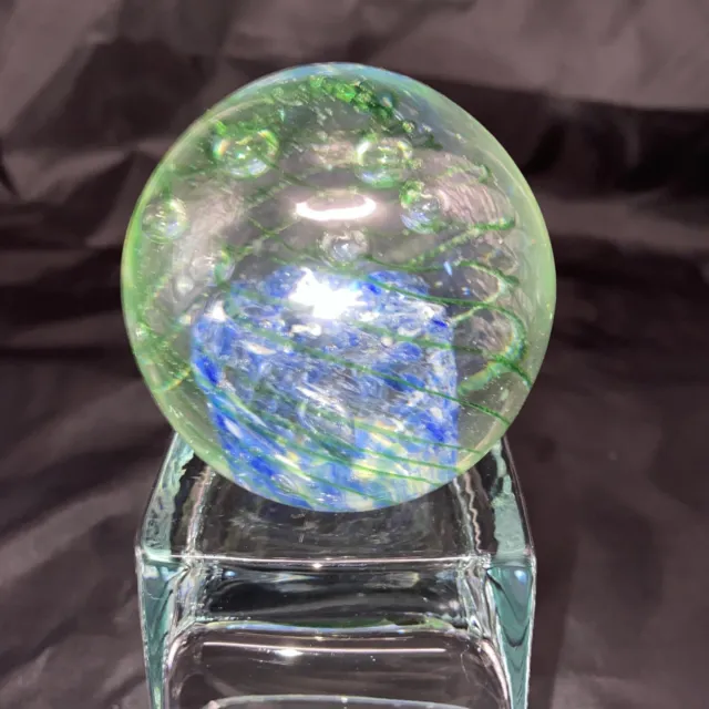 Vintage Art Glass Paperweight Clear Controlled Bubbles Green Blue White Swirl