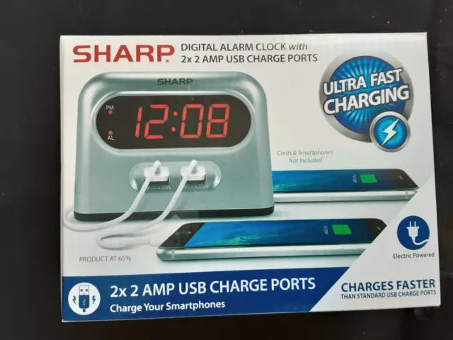 New SHARP Digital Alarm Clock 2 X 2 AMP USB Charge Ports Electric & Battery