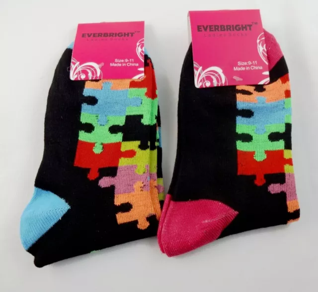 Ladies Puzzle Piece Socks Black 2 Pairs Autism Awareness Crew Length Everbright