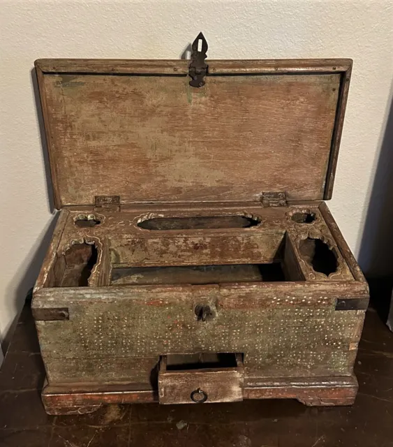 Antique Wooden Hand Painted Merchant's Cash Chest Storage Trinket Box  - 17.25"