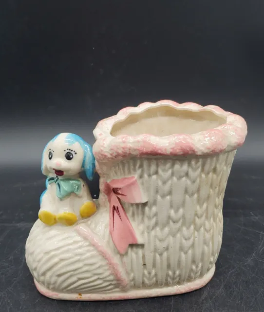 Vintage Baby Bootie Planter Vase Japan Puppy Dog Pink Blue Ceramic Porcelain