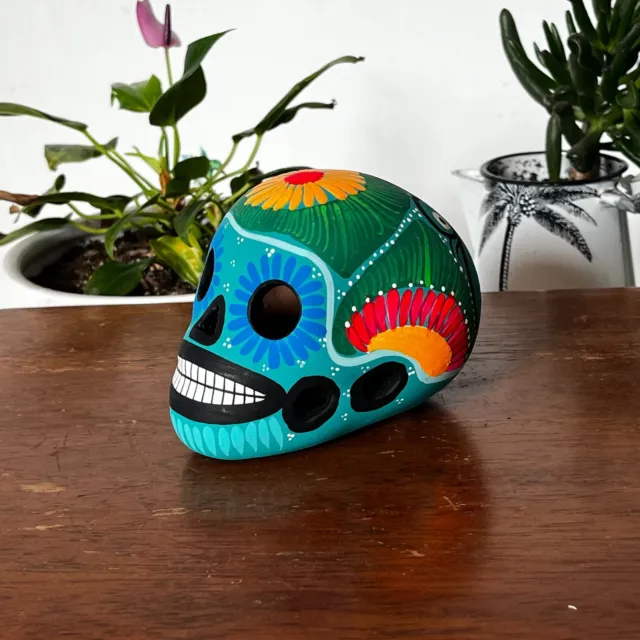 Hand-painted Ceramic Skull [Bright Teal] Day of the Dead Dia de Muertos Calavera