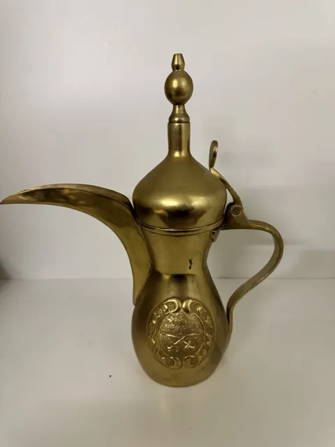 Brass Dallah Coffee Tea Pot Saudi Arabia Etched Floral Swords Palm Vintage