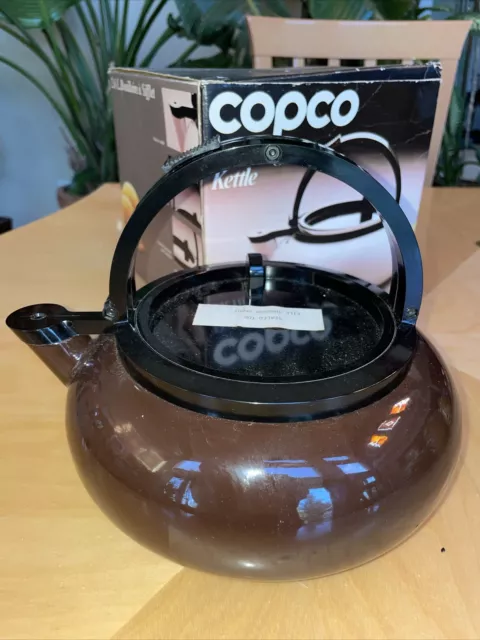 Vintage Sam Lebowitz Copco Danish Modern Whistling Tea Kettle BROWN ENAMEL NOS