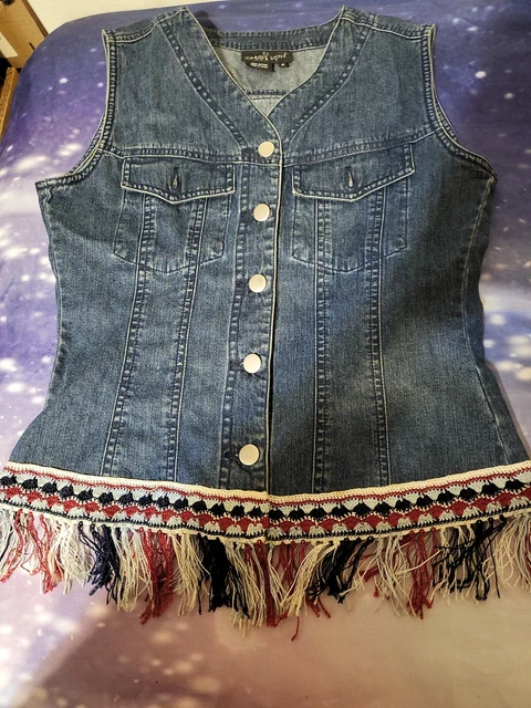 Carole Little Sport Blue Denim Fringed Lightweight Vest Pockets Size 4