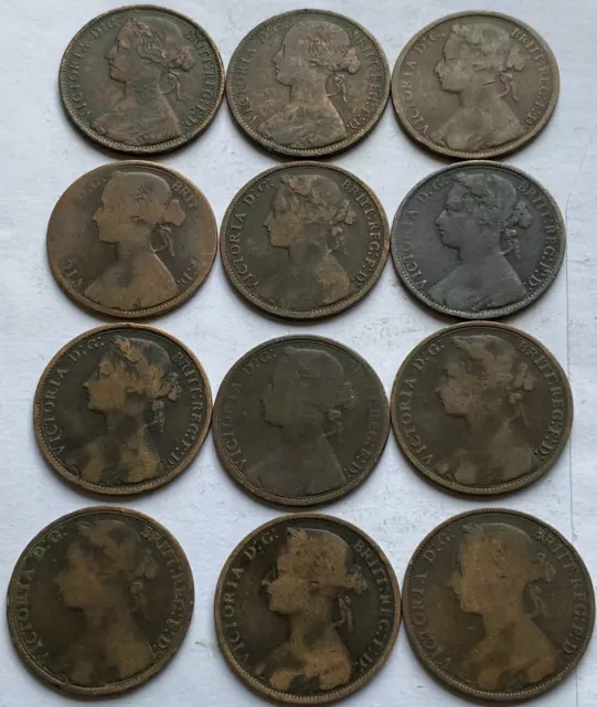 12x 1872 - 1882 VICTORIA Bun Head DATE RUN 1 PENNY COINS BUNDLE LOT 1873 1875 #1