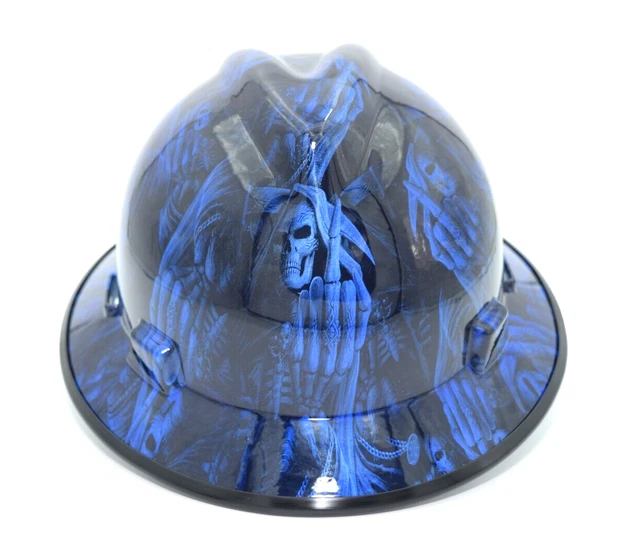 Made in the USA MSA Wide Brim Hard Hat Hydro Dipped Candy Blue 1 finger w/ BG