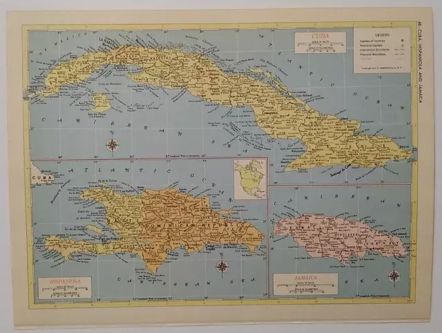 1956 Antique CUBA, HISPANIOLA & JAMAICA Atlas Map Hammonds Reference World Atlas