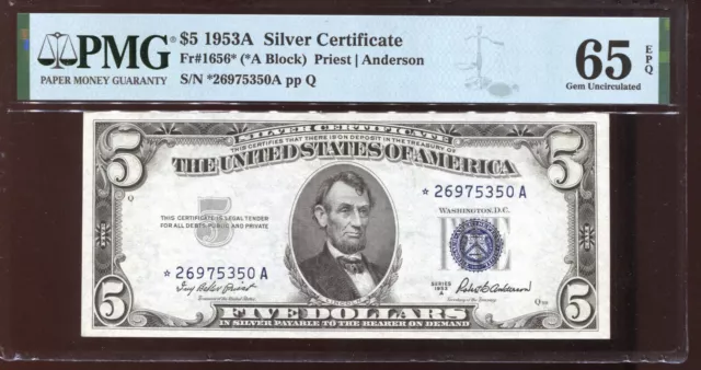 1953A $5 Silver Certificate Star Note ⭐ PMG 65 EPQ