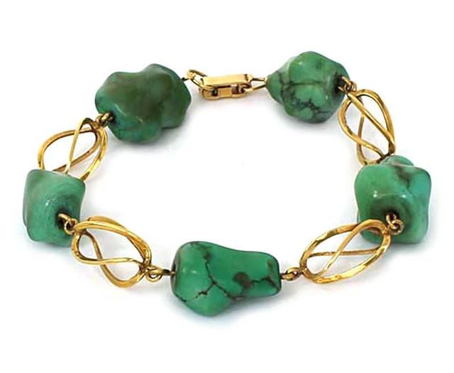 Turquoise 18k Yellow Gold Nugget & Swirl Link Bracelet
