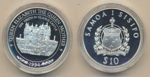 SAMOA: 1994 10 TALA 1oz 925 Silver Proof Queen Mother Glamis Castle