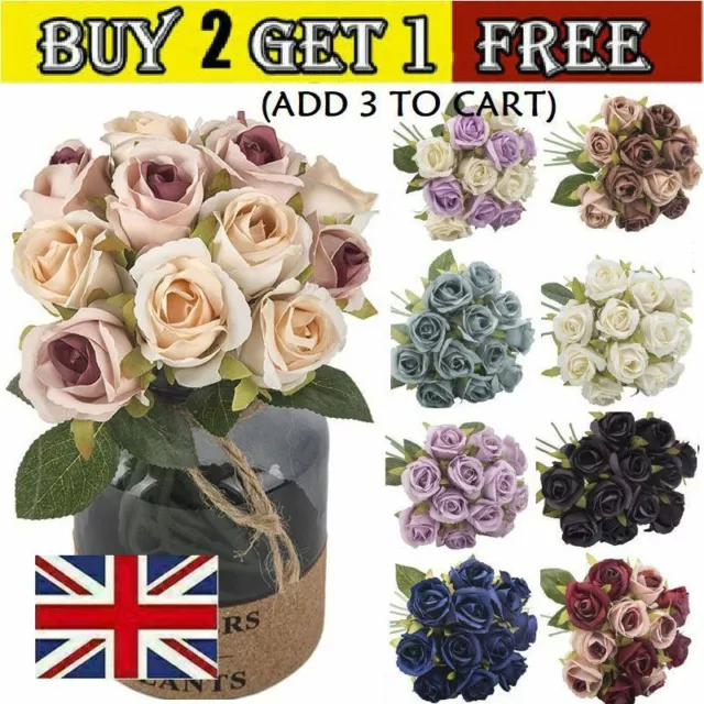 12 Heads Artificial Flowers Bouquet Silk Rose Wedding Garden Home Party Decor UK