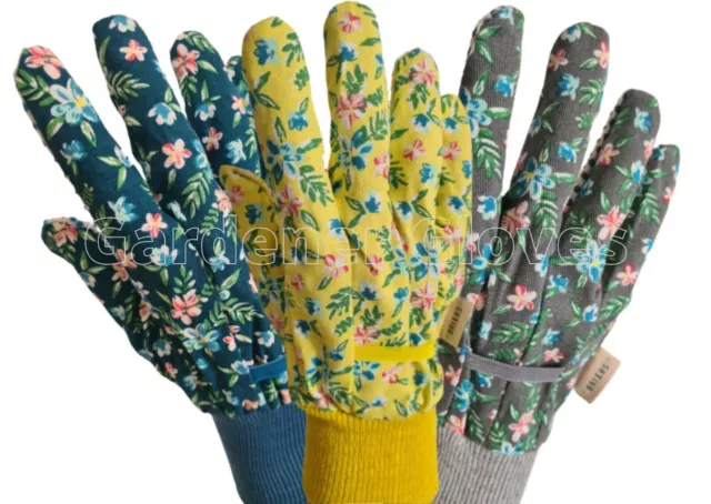 Briers Fleurette Cotton Gloves with Grips, Gardening Gloves Ladies,Womens Gloves