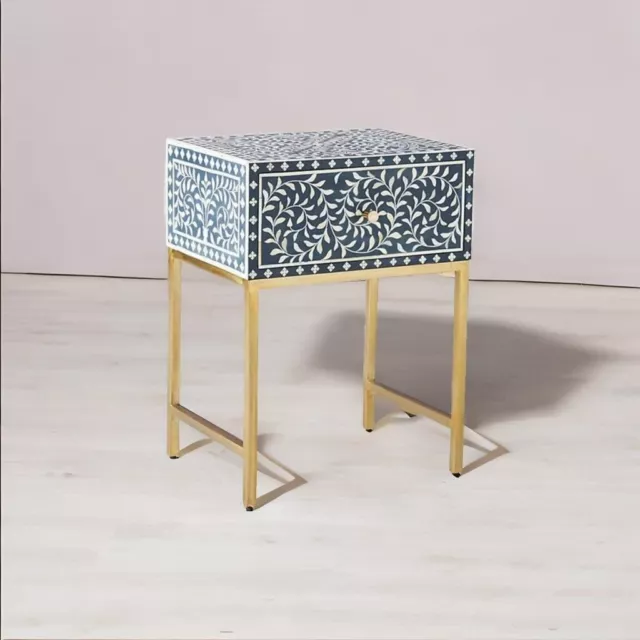 Chic Foliage Bone Inlay Side Table with Gold Accents