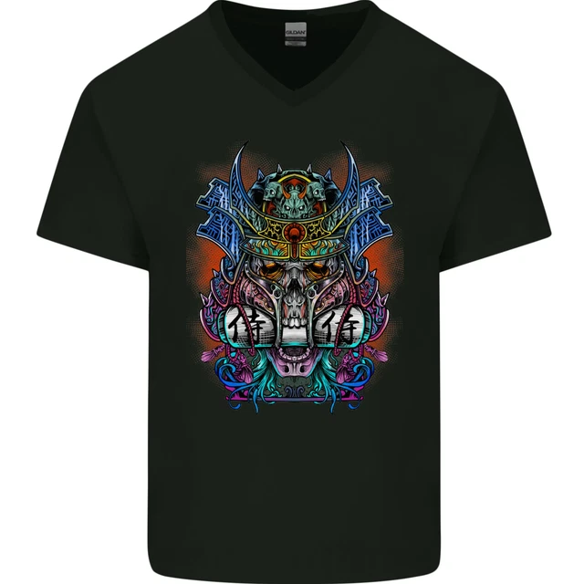 Samurai Teschi Giappone Giapponese Mma Uomo Scollo A V Cotone T-Shirt