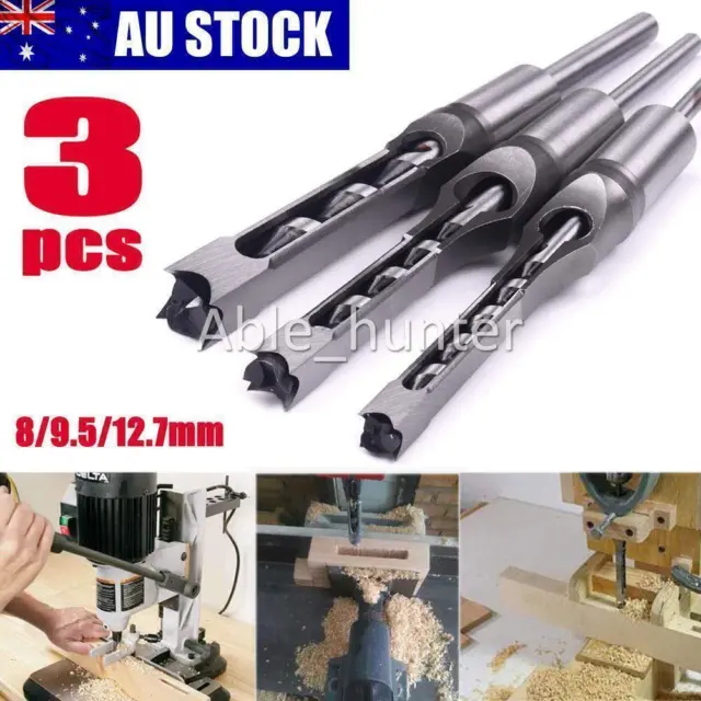 3PC Square Hole Mortising Drilling Woodworking Saw Mortise Chisel Drill Bit Tool