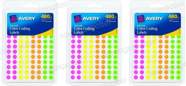 6 Packs Avery 6720 Color Coding 2880 Labels Dots 1/4" Round Removable Assorted
