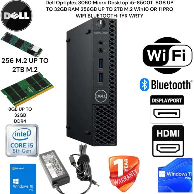 Dell OptiPlex 3060 MICRO DESKTOP PC COMPUTER I5 8TH GEN UP TO 32GB UP TO 2TB M.2