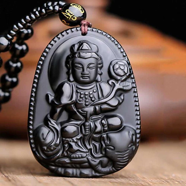 Natural Obsidian Avalokitesvara Lucky Amulet Pendant Jewelry Chakra Necklace