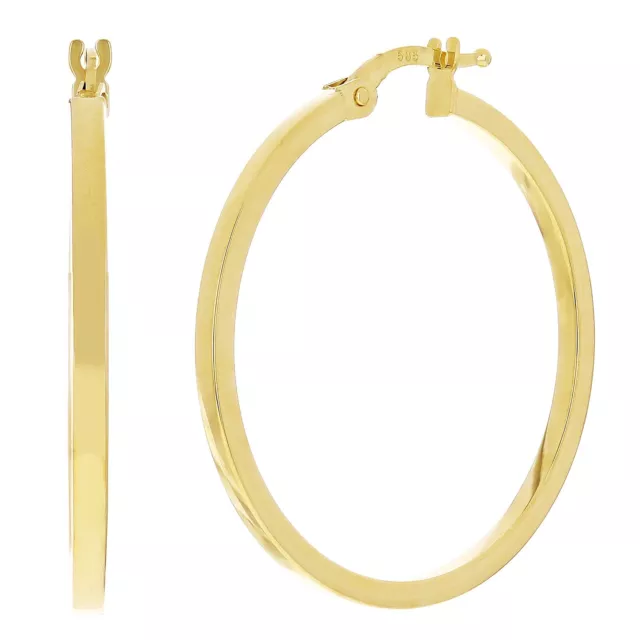 Italian 14k Yellow Gold Flat Tube Hollow Hoop Earrings 1" 2mm 1.7 grams