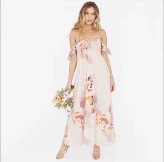 Plum Pretty Sugar Pink Ethereal Floral Smocked Midi Dress Size Small