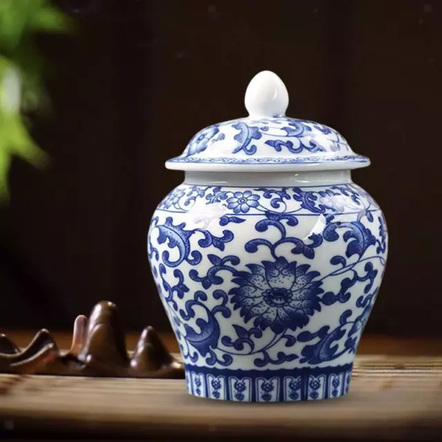 Chinese Blue and White Ceramic Glazed Temple Jar Vase with Lid Delicate