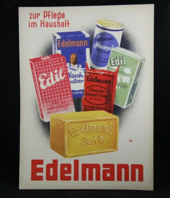 alt original Plakat Karton Edelmann Seife Kernseife Edil Waschpulfer Werbeplakat