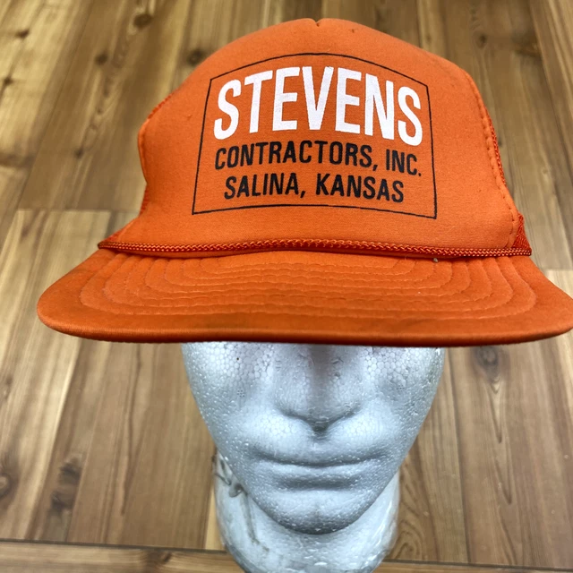Vintage Nissin Cap Blaze Orange Stevens Contractors Foam Trucker Hat Adult OSFA