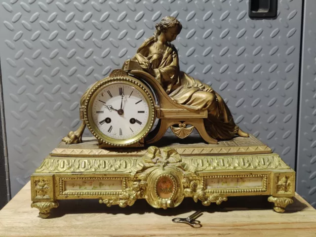 1800s L. JAPY FILS FRANCE GOLD GILT FIGURAL SITTING MAIDEN 15" MANTEL CLOCK-RUNS